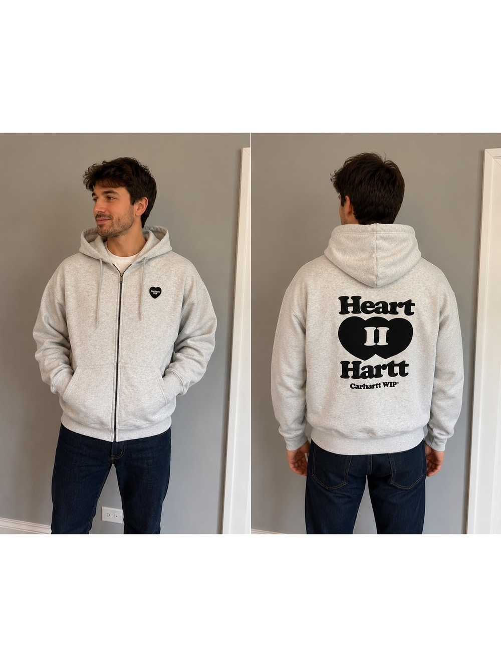Carhartt Light Gray Full-Zip Hoodie with Black Heart Logos